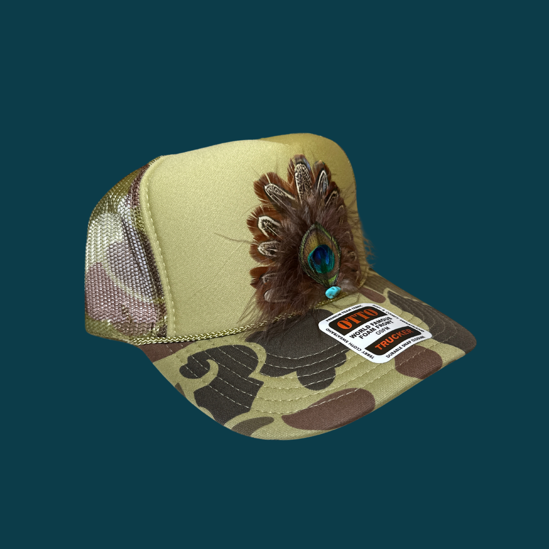 Green Camo Feather Fan Trucker Hat