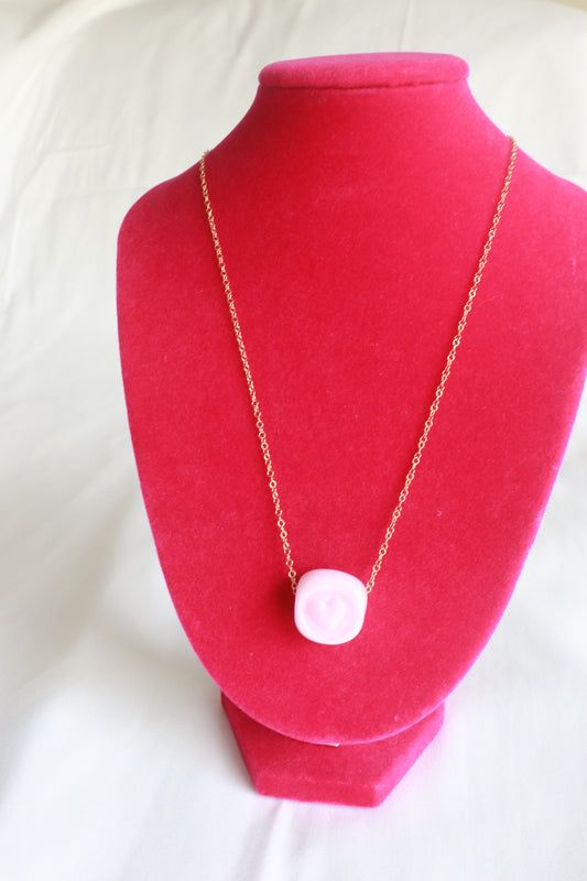 Pink Glass Heart Stamp Necklace