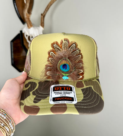 Green Camo Feather Fan Trucker Hat