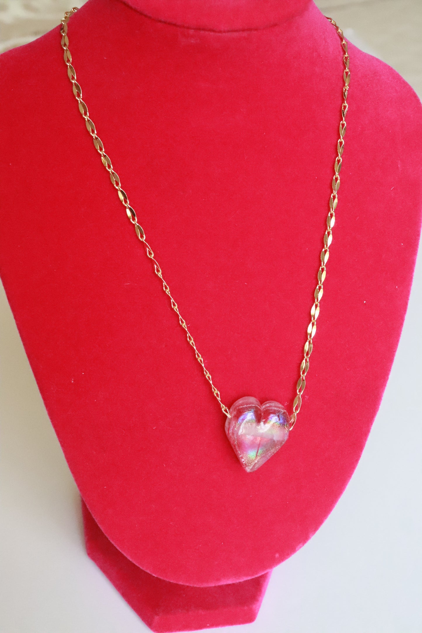 Shimmer Pink Glass Heart Necklace