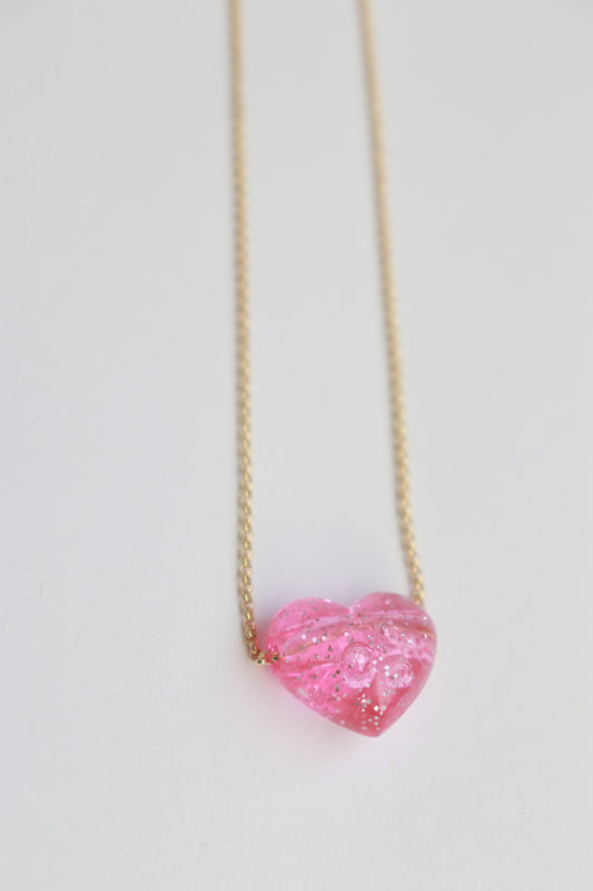 Light Pink Glitter Resin Heart Necklace