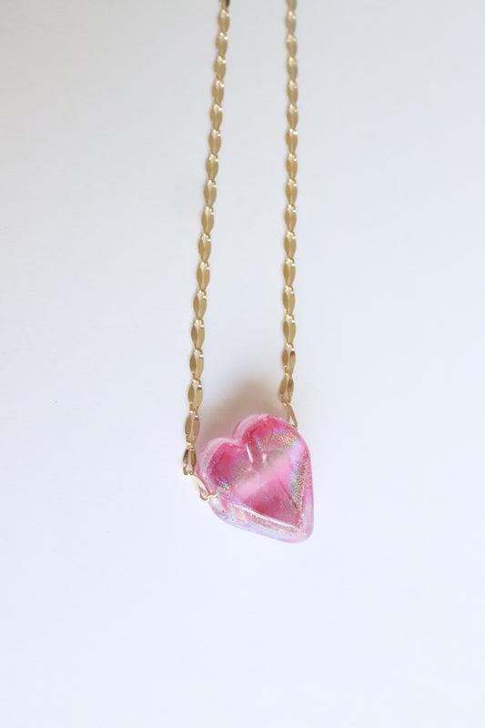 Shimmer Pink Glass Heart Necklace
