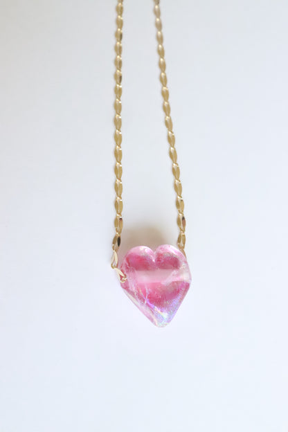 Shimmer Pink Glass Heart Necklace